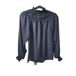 Chelsea 28 Womens XXS Black Smocked Mock Neck Long Sleeve Blouse Top